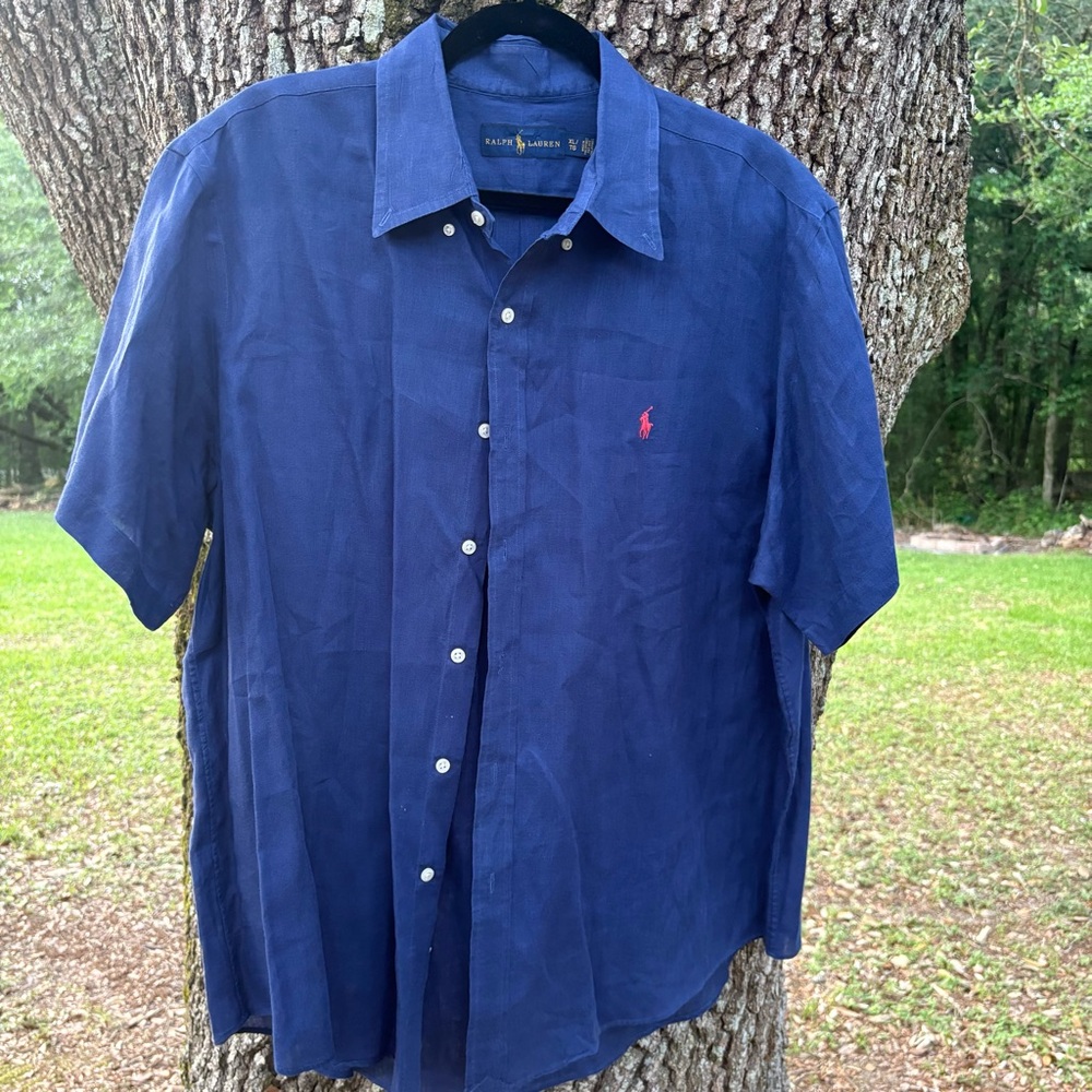 RALPH LAUREN LINEN 100% SHORT SLEEVE BUTTON DOWN NAVY SHIRT RED HORSE LOGO